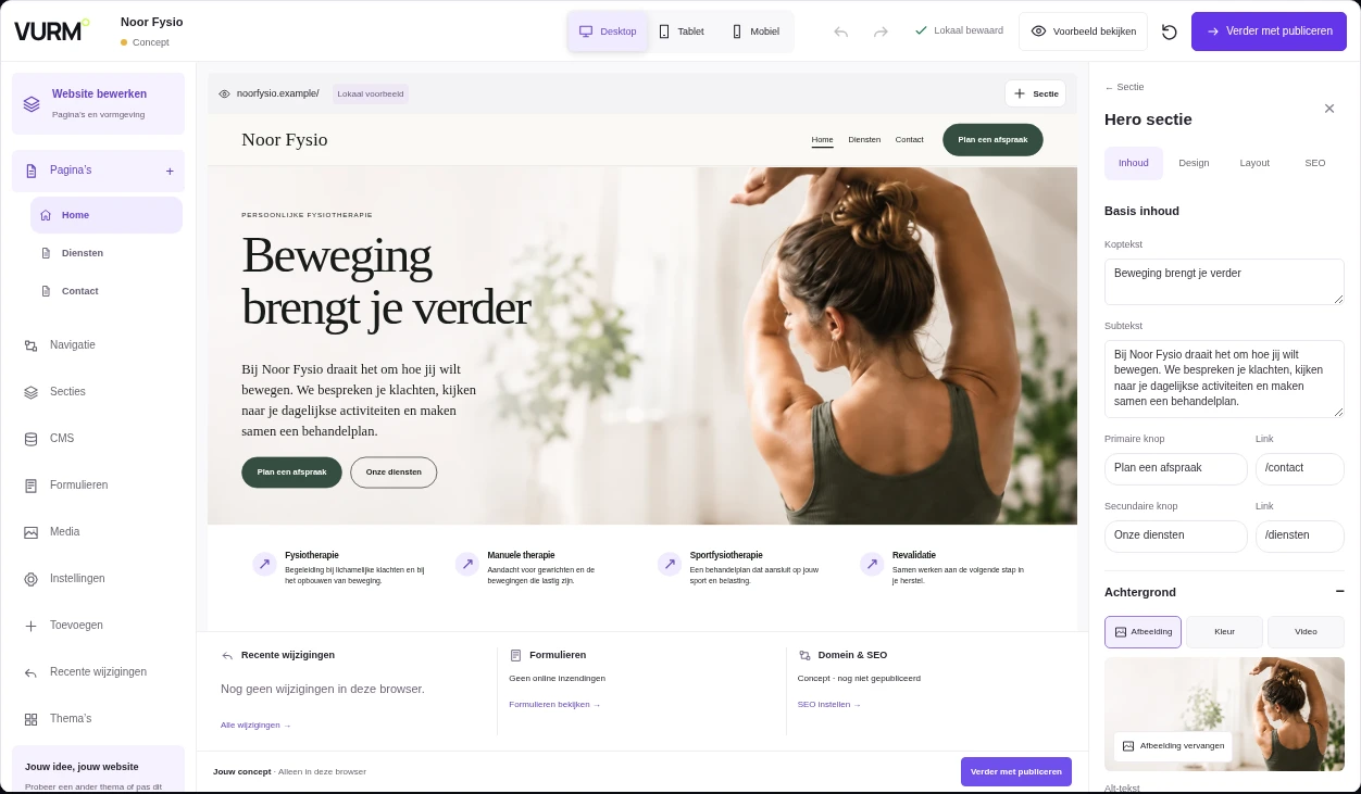 The VURM editor with editable pages and settings for fictional Noor Fysio